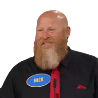 a bald man with a beard and a name tag that says nick
