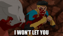 a cartoon of a man with blood on his face and the caption i won t let you