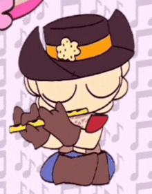 a cartoon character is playing a flute in front of a pattern of music notes