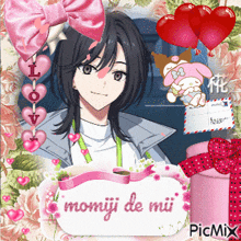 a picture of a girl with a sign that says momiji de mii on it