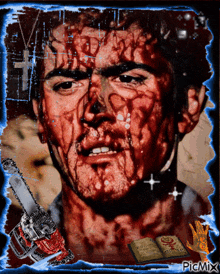 a painting of a man with blood on his face has the word picmix on it