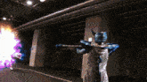 a man in a white and blue costume is holding a gun in a dark room