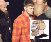 a man with a beard is standing next to another man with a picture of a man with a beard behind him