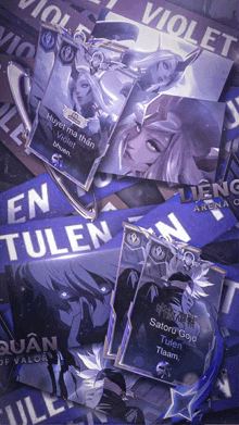 a bunch of cards are laying on top of each other and one of them says violet