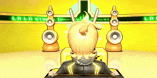a cartoon character is sitting in front of speakers and a sign that says lr lr sto