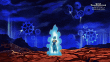 a super dragon ball heroes advertisement shows a man in a blue flame