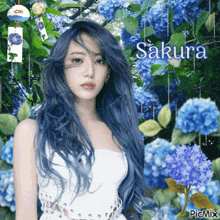 a woman with blue hair is surrounded by blue flowers and the name sakura is above her