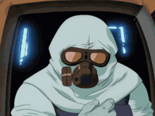a cartoon character wearing a gas mask and a white hood