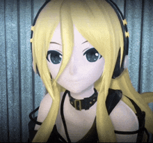 a girl with blonde hair and blue eyes wearing headphones