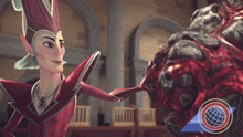 a cartoon character is standing next to a monster with a globe in the corner
