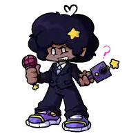 a cartoon character is holding a microphone and a camera