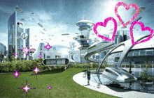 a futuristic city with two pink hearts in the sky