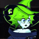 a drawing of a girl with green hair wearing a green witch hat