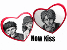 a picture of a man and a woman with the words now kiss on the bottom