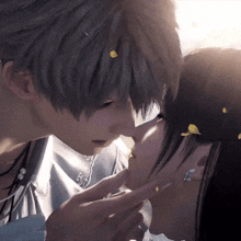 a boy and a girl kissing with petals falling from the sky