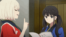 two anime girls are standing next to each other with one holding a piece of paper