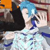 a cartoon character with blue hair and blue eyes is waving his hand