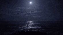 a full moon is reflected in the ocean at night .