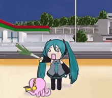 a cartoon of hatsune miku holding a green onion and a pink octopus .