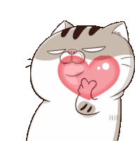a cartoon cat is holding a heart in its mouth
