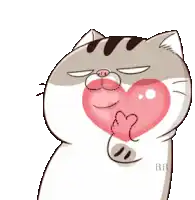 a cartoon cat is holding a heart in its mouth