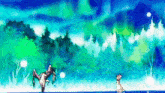 a painting of a person standing next to a body of water with trees in the background and the aurora borealis in the sky .