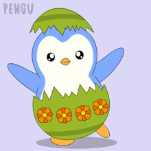 a blue and white penguin in a green egg with the word pengu written on the bottom