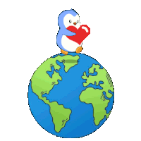 a pixel art of a penguin holding a heart on top of the earth