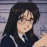 a picture of a girl with glasses and the words " i was not trying to start a rivaly etoo blehh "