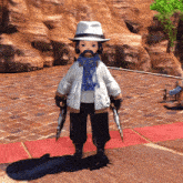 a little boy with a hat and scarf is holding a pair of knives