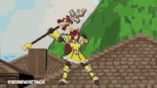 a cartoon character is holding a sword and shield .