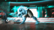 a blurry picture of a monster with the letter p on his back