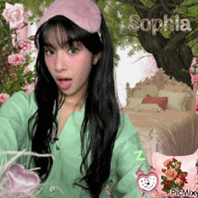 a girl wearing a sleep mask with the name sophia on it