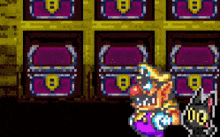 a pixel art of a man and a cat standing in front of a chest