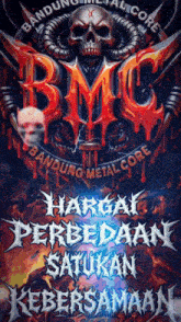 a poster for bmc bandung metalcore with a skull in the center