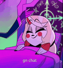 a cartoon character is laying in a bed with the words " gn chat " on the bottom