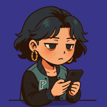 a cartoon drawing of a woman looking at her phone with the letter p on her jacket