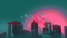 a cartoon drawing of a city with buildings and a dragon in the background