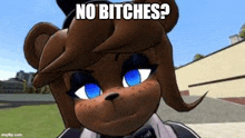 a brown teddy bear with blue eyes is standing in front of a building and making a funny face .