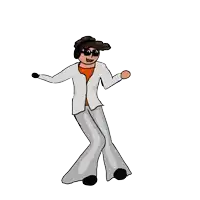a cartoon drawing of a man wearing a white jacket and gray pants