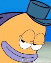 a cartoon character is wearing a top hat and saying " hey "