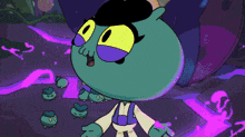 a cartoon character is standing in front of a purple and pink background
