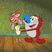 a cartoon character with a blue nose holds another character 's hand