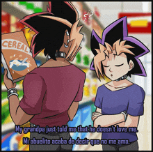 a cartoon of a man holding a box of cereal next to another man
