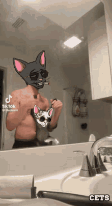 a man with a cat on his face is brushing his teeth in front of a bathroom mirror