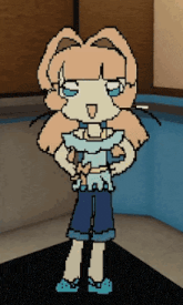a pixel art drawing of a rabbit wearing blue shorts and a white top