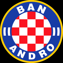 a blue circle with red and white squares and the words ban andro on it