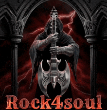 a grim reaper holding a guitar and an axe with the words rock4soul written in red