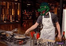 a man in an apron with a crocodile mask on his face
