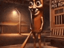 a cartoon sausage with a face and legs is standing in front of a sign that says penton pos ron .
